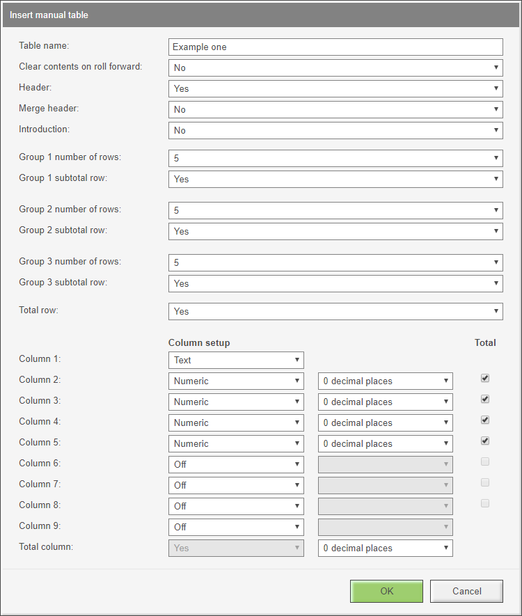 Image shows a manual table with settings that have been selected to achieve 3 groups with a subtotal and a grand total.